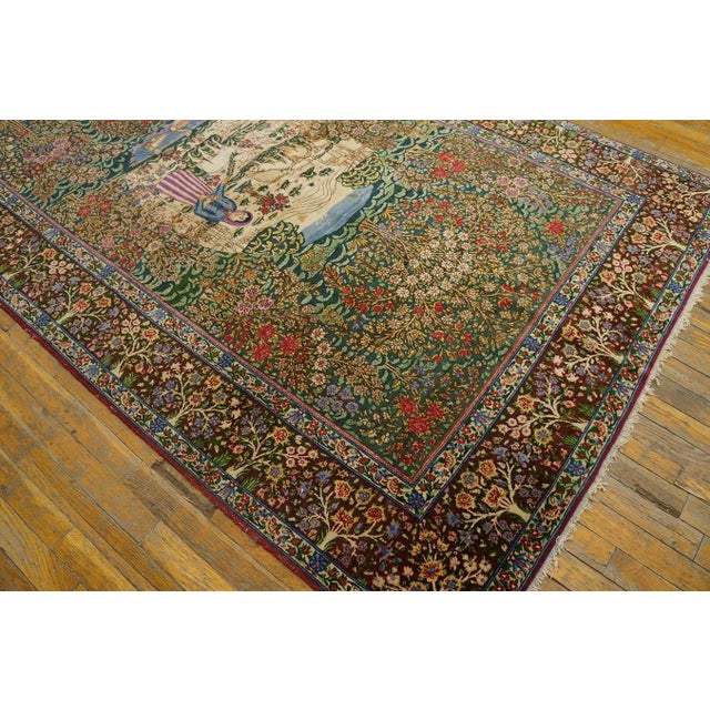 1920s Fine Green Small Pictorial Garden of Paradise Antique Floral Kerman Rug For Sale - Image 4 of 6