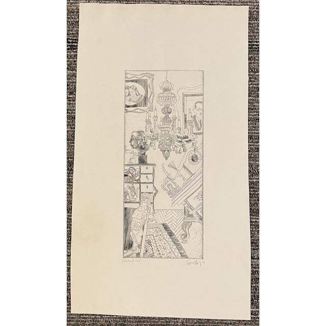 Boho Chic 1968 Gyarfas Gabor Modern Interior Etching For Sale - Image 3 of 3