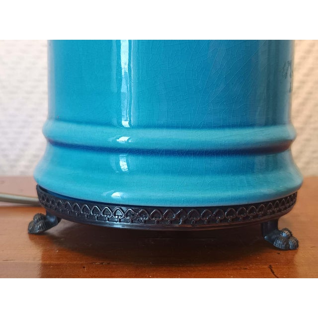 Blue Ceramic Lamp with Claw Feet and Foliage Lampshade, 1960s For Sale - Image 12 of 14