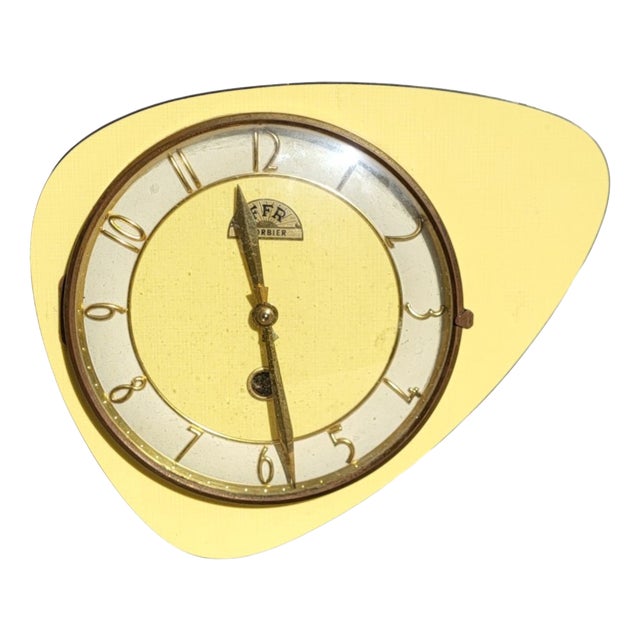 Vintage Freeform Glass Wall Clock in Yellow Formica from FFR Morbier, 1950s For Sale