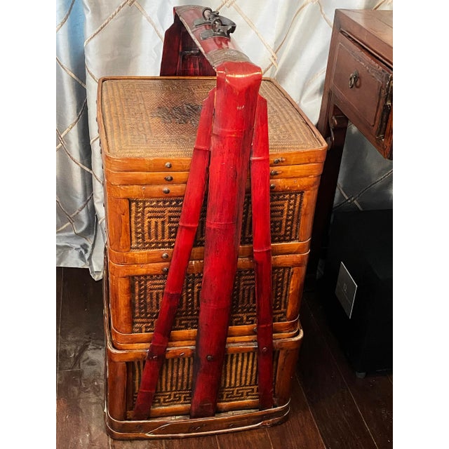 Chinoiserie Large 36” Vintage Chinese 3-Tier Bamboo Rattan Wedding Basket, Republic Period Chinoiserie Decor For Sale - Image 3 of 7