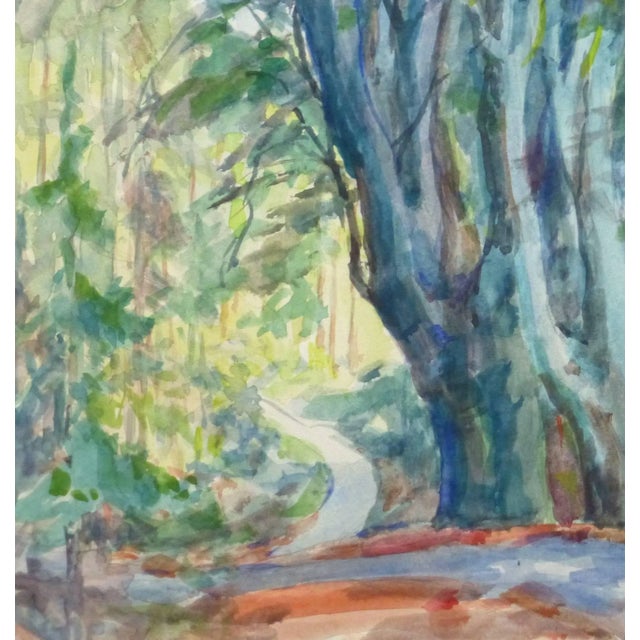 Captivating watercolor painting of a small foot path edged by a dense forest and leading to a sunlit clearing by artist...