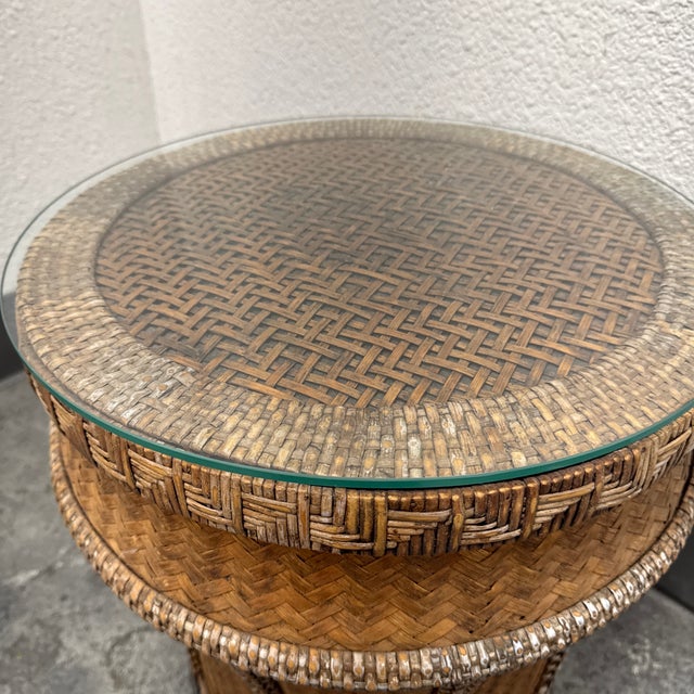 Woven Rattan Drum Side Table + Glass Top, Vintage For Sale - Image 12 of 12