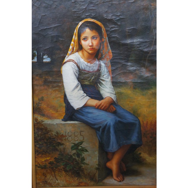 Late 20th Century Meditation After William Adolphe Bouguereau Oil on Canvas Seated Young Girl 48" For Sale - Image 5 of 12