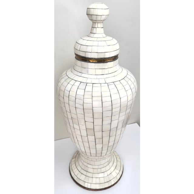 Art Deco Mid-Century Off-White Mosaic Natural Bone With Brass Inlay Urn or Vase For Sale - Image 3 of 12