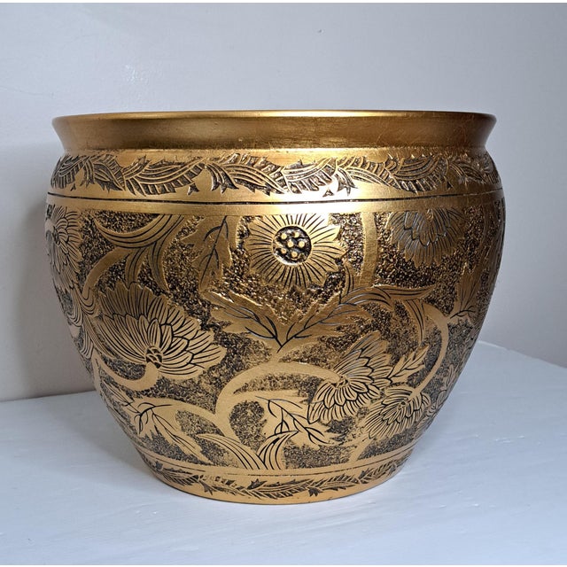 Large Vintage Chinoiserie Black & Gold Embossed Ceramic Cachepot Planter For Sale - Image 4 of 12