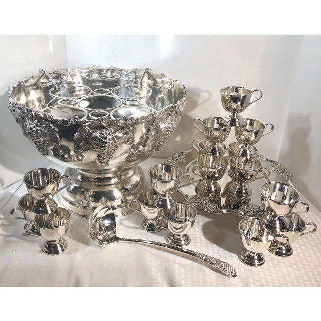 Large Silver Plated Punch Bowl Wine Chiller / Cups / Tray 20 Piece