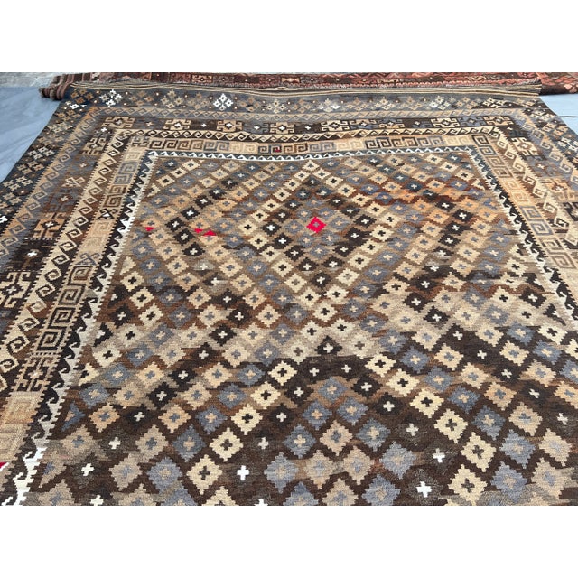 1950s Antique Afghan Hand-Woven Kilim Rug | Tribal Ghelmori Flatweave Wool Carpet in Earthy Brown, For Sale - Image 5 of 12