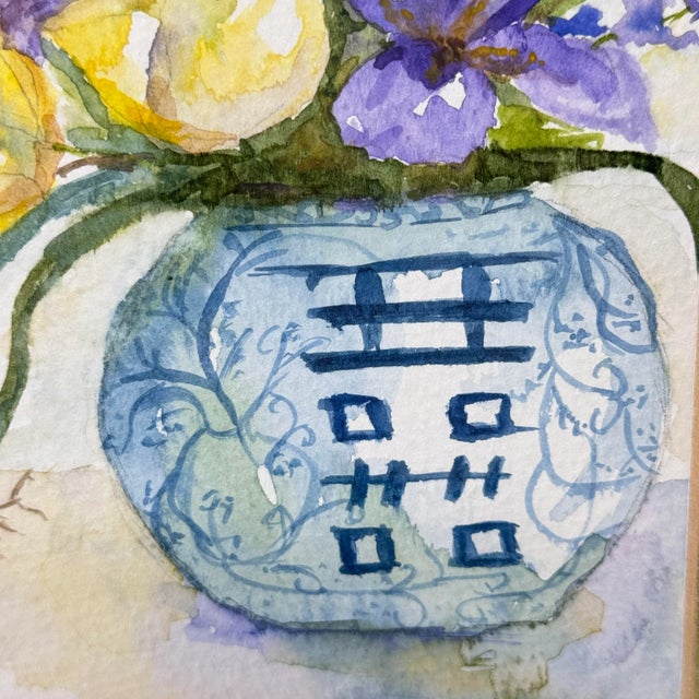 2000 - 2009 Original Watercolor Floral in Bamboo Frame – Chinoiserie Style For Sale - Image 5 of 9