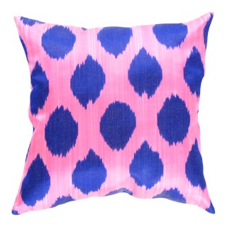 Turkish Silk Blue & Rose Ikat Pillow For Sale