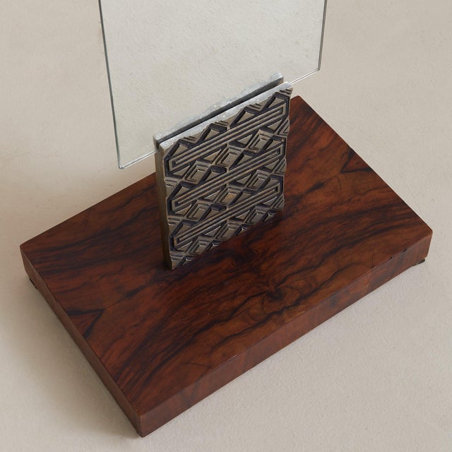 Glass Italian Brutalist Floor Mirror with Embossed Metal + Wood Base, 1970s For Sale - Image 7 of 11