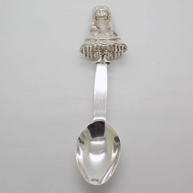 Vintage Italian Handmade Genuine Sterling Silver 925 Feeding Spoon with Little Girl, 1970s For Sale - Image 3 of 16