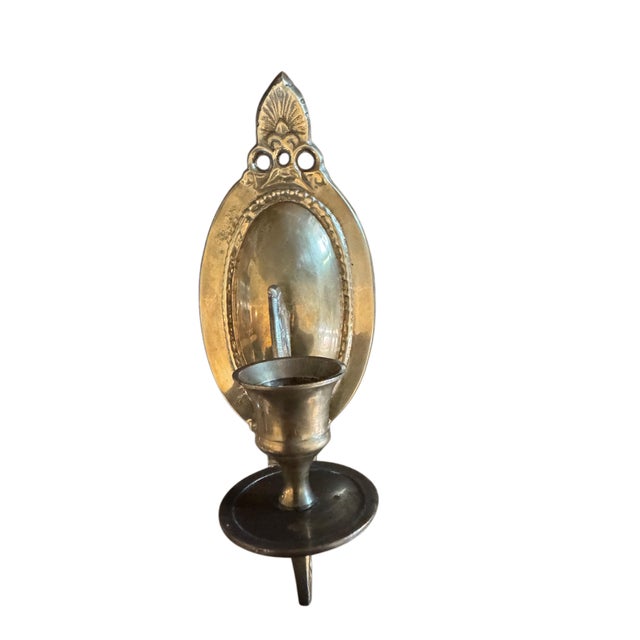 Vintage Pair of Cast Brass Oval Candle Wall Sconces With Reflector Backplates | Hollywood Regency Traditional For Sale - Image 4 of 11
