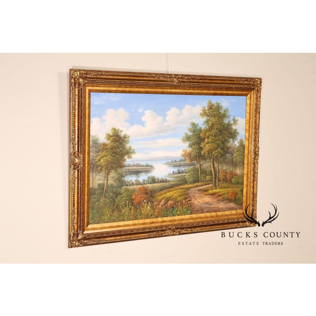 Quality Custom Framed Oil on Canvas Painting of Lush Waterside Landscape, Signed W. Hampton Lower Right