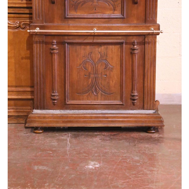 French 19th Century French Carved Walnut Halltree With Mirror and Brass Hooks For Sale - Image 3 of 12