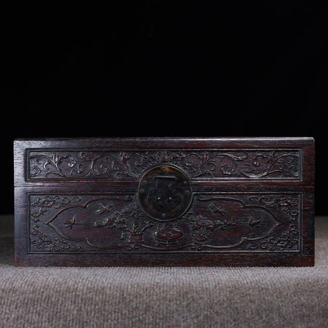 Wood Zitan Wood Box Carved With Floral Motif For Sale - Image 7 of 10