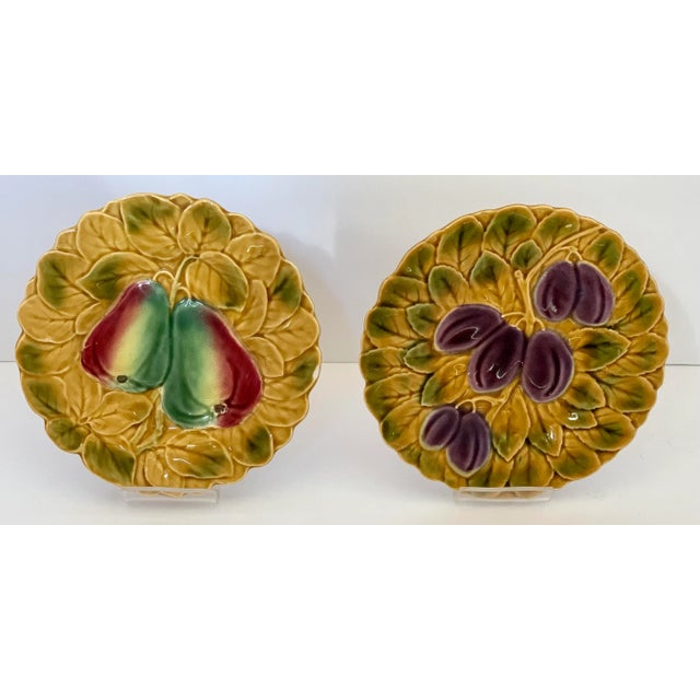Saffron Vintage French Parry & Vieille Majolica Fruit (Plum & Pear) Plates in the Style of De Serreguemines- Set of 2 For Sale - Image 8 of 12