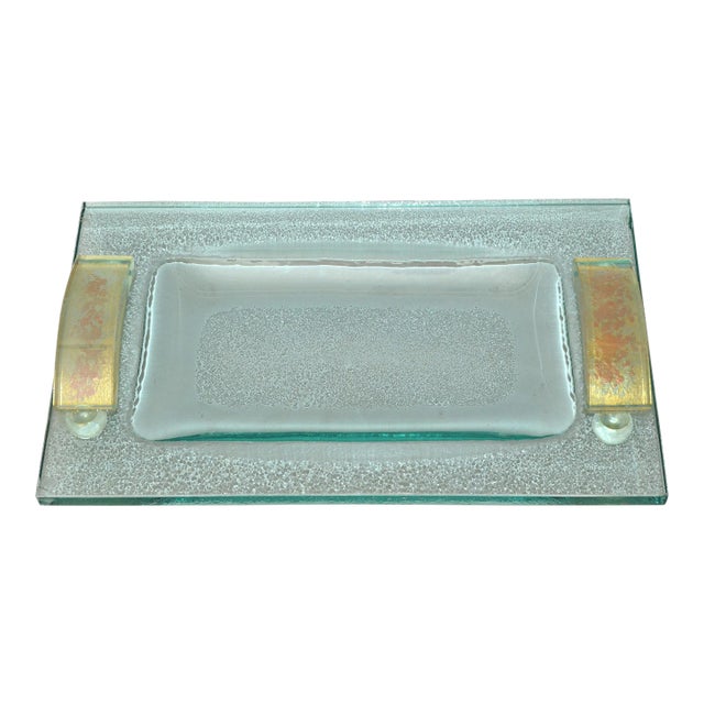 Fontana Arte Glass Beveled & Gold Infused Rectangle Footed Serving Tray Italy For Sale