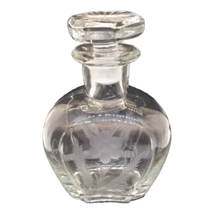 Vintage Wide Clear Glass Etched Wheat and Flower Decanter With Ground Stopper