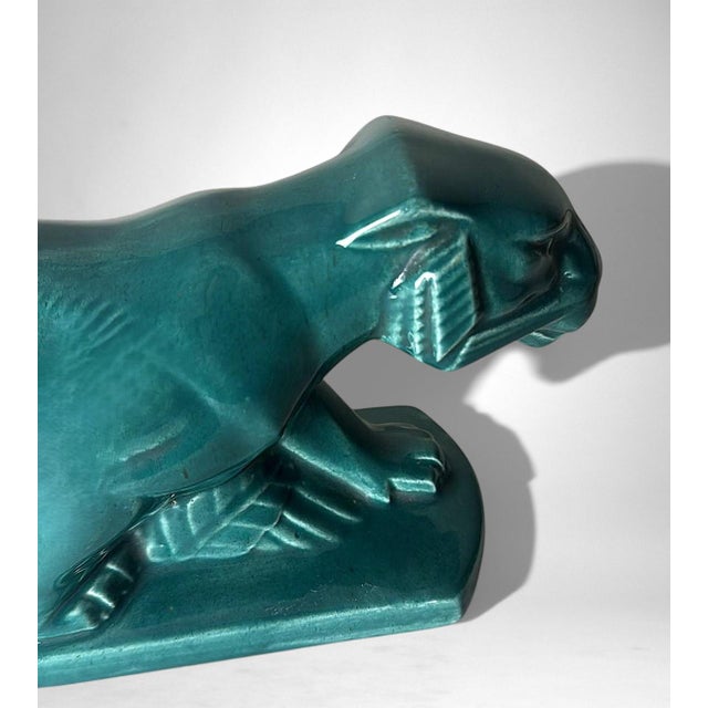 Mid 20th Century Art Deco Saint-Clément Style Panther France Green-Glazed Ceramic For Sale - Image 10 of 18