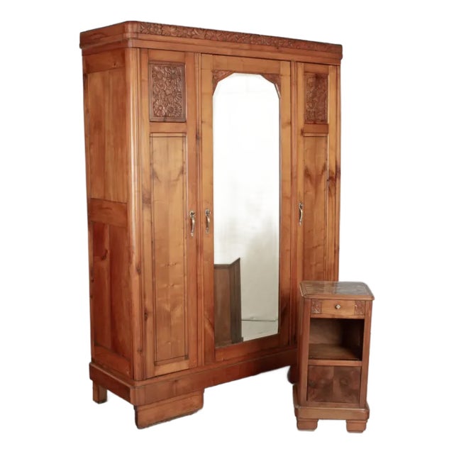 1920s Art Deco Carved Floral Armoire French Cherrywood With Mirror & Matching Marble-Topped Nightstand - Set of 2 For Sale