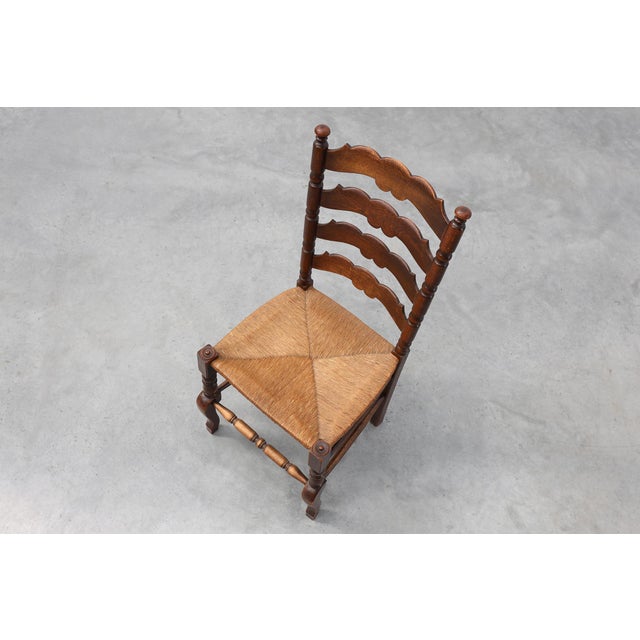 Rustic Oak Ladder-Back Chair with Rush Seat and Cabriole Front Legs, France, 1900s For Sale - Image 11 of 14