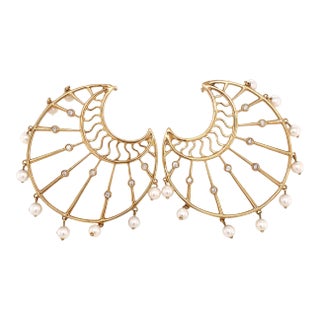 Large 14k Gold Diamond & Dangling Pearl Pierced Earrings - 2 Pieces For Sale