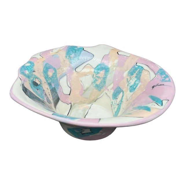 1980s Post-Modern Geometric Art Hand-Painted Centerpiece Bowl by Gibson Signed For Sale