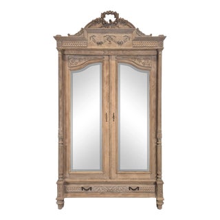 Louis XVI Style Wardrobe with Mirror in Stripped Oak For Sale