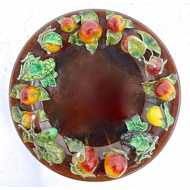 Antique Portuguese Majolica fruit platter/plaque with three dimensional fruit, leaf, and vine around perimeter. Hanging...