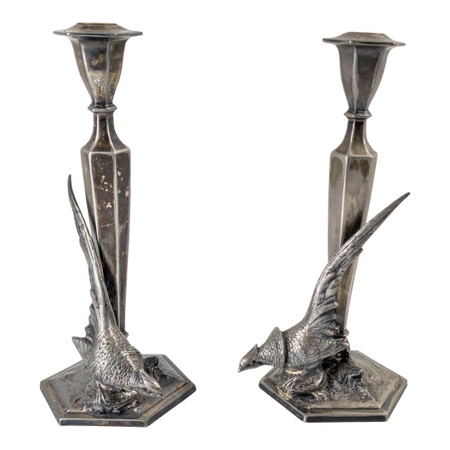 20th Century Pair of Figural Pheasant Silverplate Candlesticks by Weidlich Bros For Sale