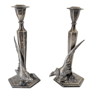 20th Century Pair of Figural Pheasant Silverplate Candlesticks by Weidlich Bros