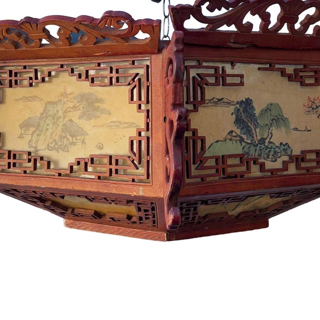 1950s Mid-Century Carved Chinese Rosewood Painted Lantern Hanging Chandelier Lamp For Sale In Los Angeles - Image 6 of 14
