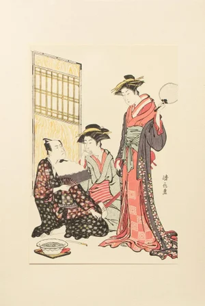1964 After Kiyonaga "Ichikawa Yaozo and Two Beauties", Full-Color Print From Japan