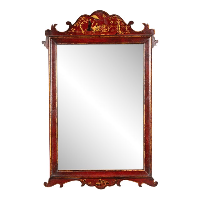 Chippendale Styled Red & Gold Scenic Chinoiserie Mirror For Sale