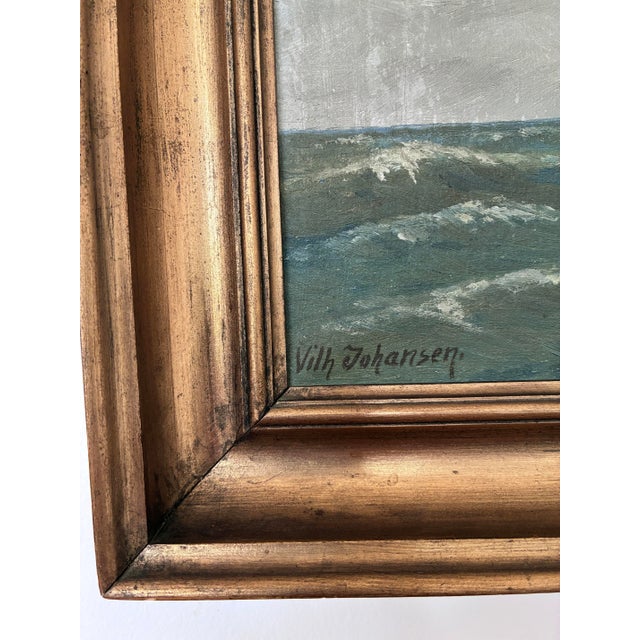 This original vintage oil painting, dating from around the 1940s, shows a sailing ship on sea. The waves are painted with...