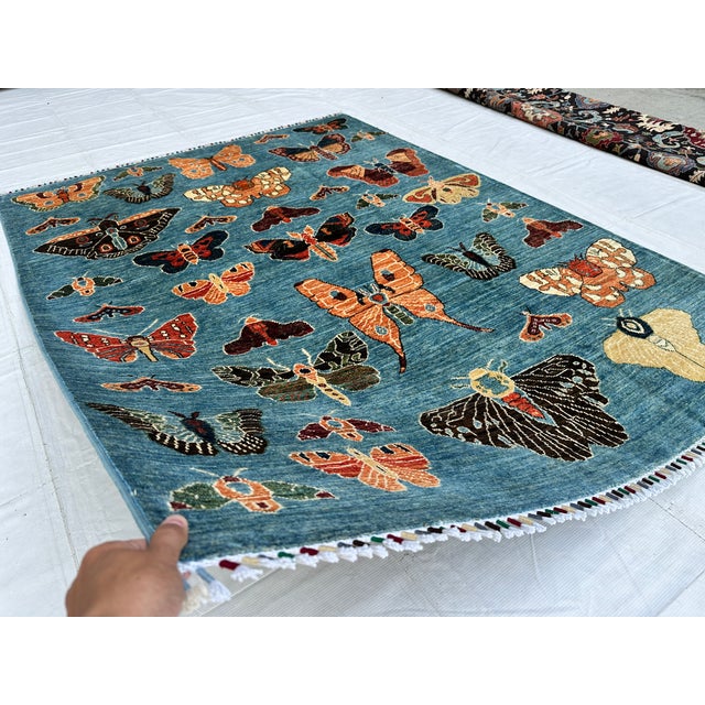 Blue Denim Blue Butterfly Moth Pictorial Hand-Knotted Wool Rug - 4'11" X 6'6" For Sale - Image 8 of 10