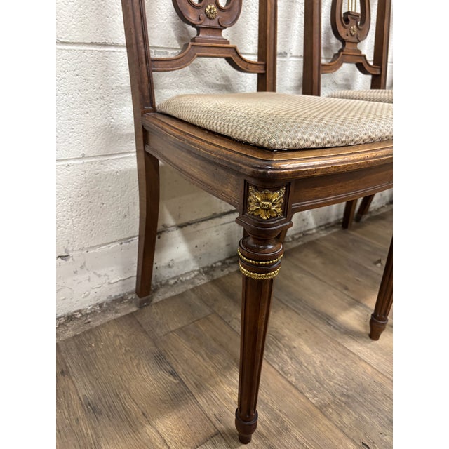 Wood Vintage French Louis XVI Style Harp Back Lyre Back Bronze Ormulu Dining Chairs For Sale - Image 7 of 14