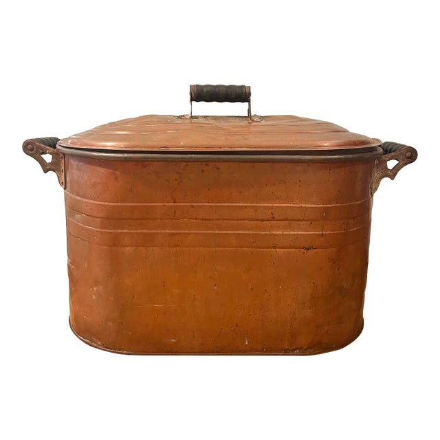 Antique Early 1900’s Large Copper Laundry Wash Boiler With Lid & Wood Handles For Sale