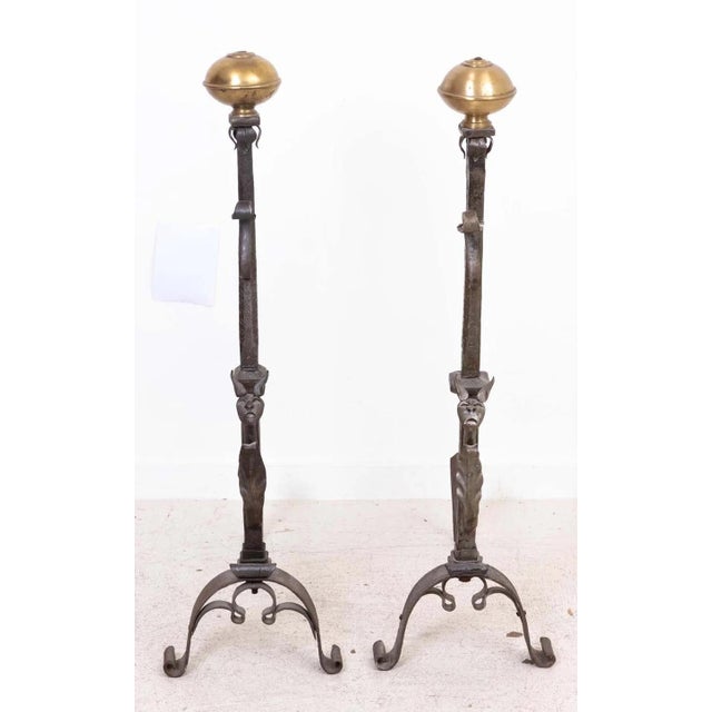 Arts & Crafts Samuel Yellin Style Wrought Iron And Brass Gargoyle Andirons. Hand Forged. Good overall condition, ready to...
