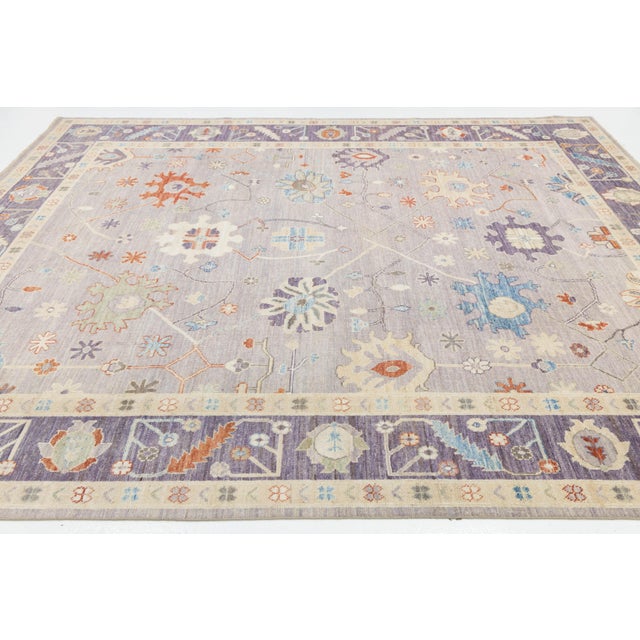 Textile Modern Oushak Style Hand-Knotted Wool Rug - Soft Lavender & Pastel Floral Motif For Sale - Image 7 of 10