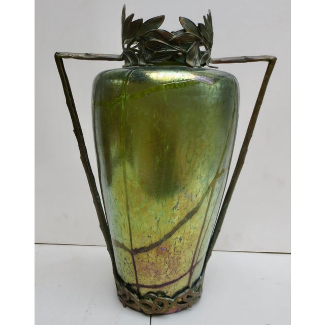 Firery Green Iridescent glass vase by Loetz, circa 1990, Austria. Excellent condition. Laurel sprays surround the mouth,...