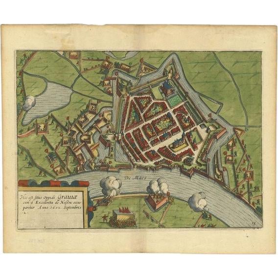Antique Plan of the Siege of Grave by Guicciardini, 1608 For Sale - Image 6 of 6