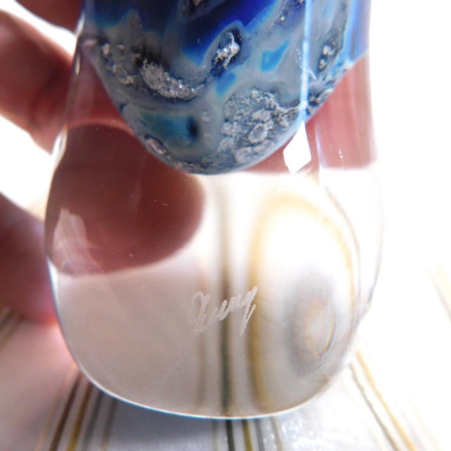 1990s Signed Blue and White Hand Blown Art Glass Perfume Bottle For Sale - Image 5 of 6
