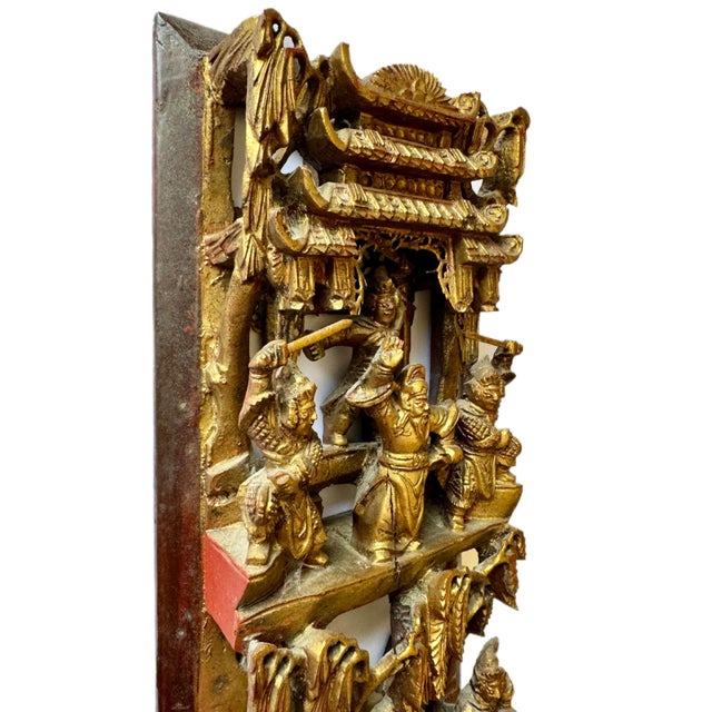 Antique Chinese Gilt-Wood High-Relief Carved Wall Panel For Sale - Image 4 of 11