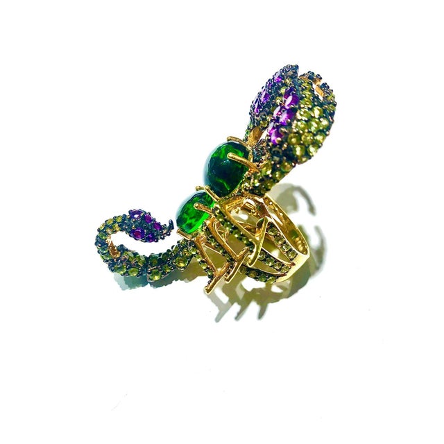 Gemstone Bochic "Orient" Green Diopside, Sapphire & Peridot Ring Set 18K Gold&Silver For Sale - Image 7 of 18