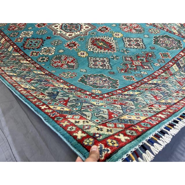 Turquoise and Red Kazak Wool Area Rug With Tribal Motifs, 6'7" X 9'8" For Sale - Image 12 of 16