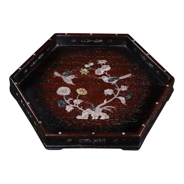 Vintage Zitan Wood Hexagonal Tray With Mother-of-Pearl Bird & Floral Inlay For Sale