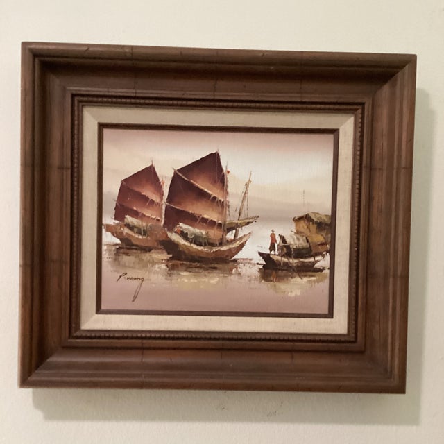 Vintage Painting of Mixed Media Chinese Junk Boats by Paul Wong Framed For Sale - Image 11 of 12