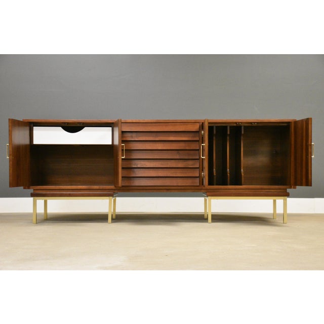 Mid-Century Modern 1960s Refinished 78” American of Martinsville Walnut and Brass Dresser For Sale - Image 3 of 12
